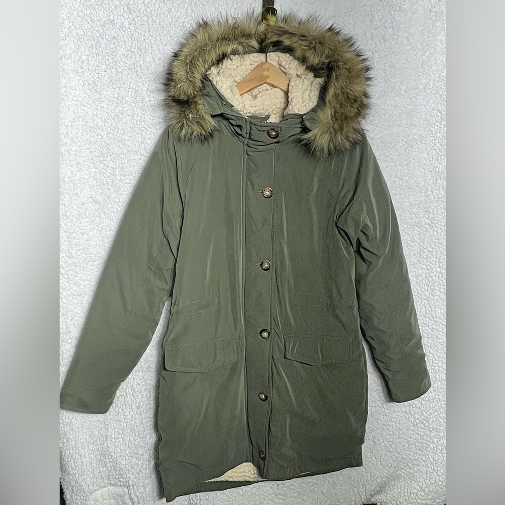 Abercrombie & Fitch Coat Parka Womens M Faux‎ Fur Hood Sherpa Lined Olive Green